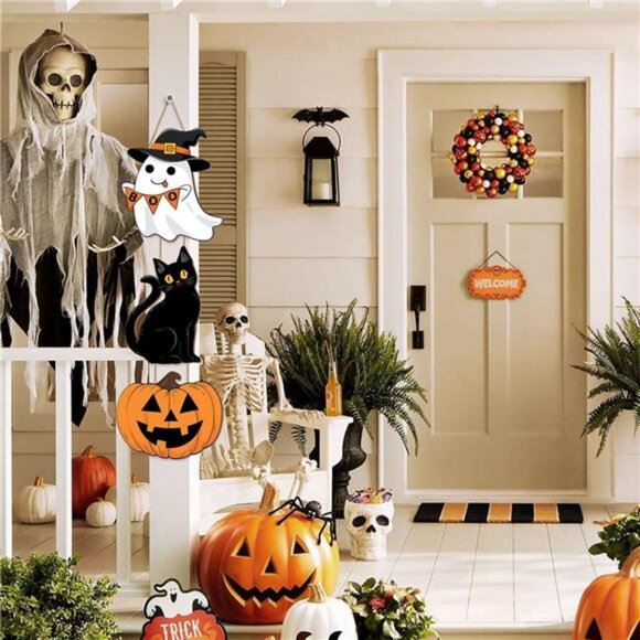 Halloween Ghost Black Cat Pumpkin Door Hanging Sign Decorations, 3 Plaques - Picture 5 of 8